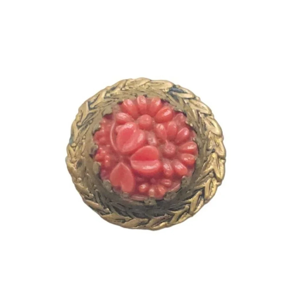 Faux Coral Celluloid Engraved Floral Button Brooch Pin Gold Tone Vintage